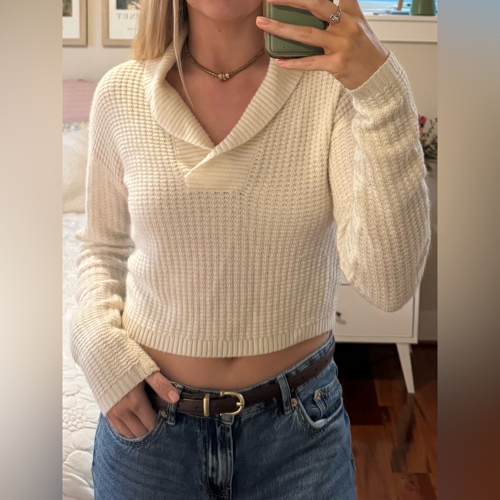 Urban Outfitters Cream Cropped Shawl-Collar Knit Sweater